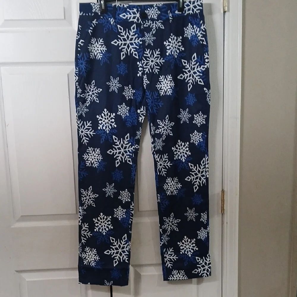Snowflake print blue and white festive holiday winter dress pants Sz M (34) NWT